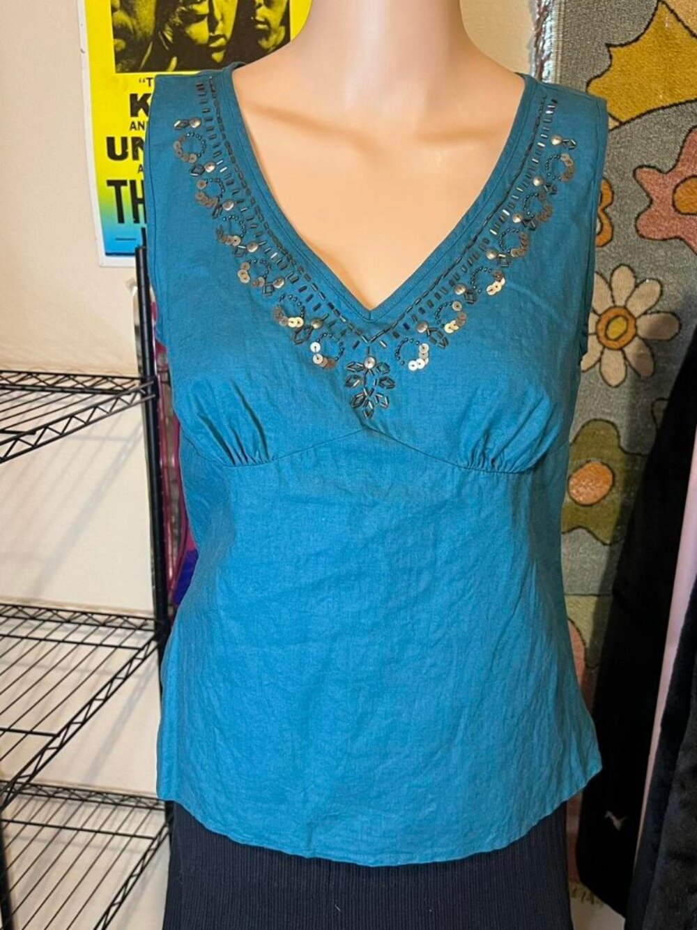 Y2K Blue Linen Embellished Beaded Sequin Tank Top